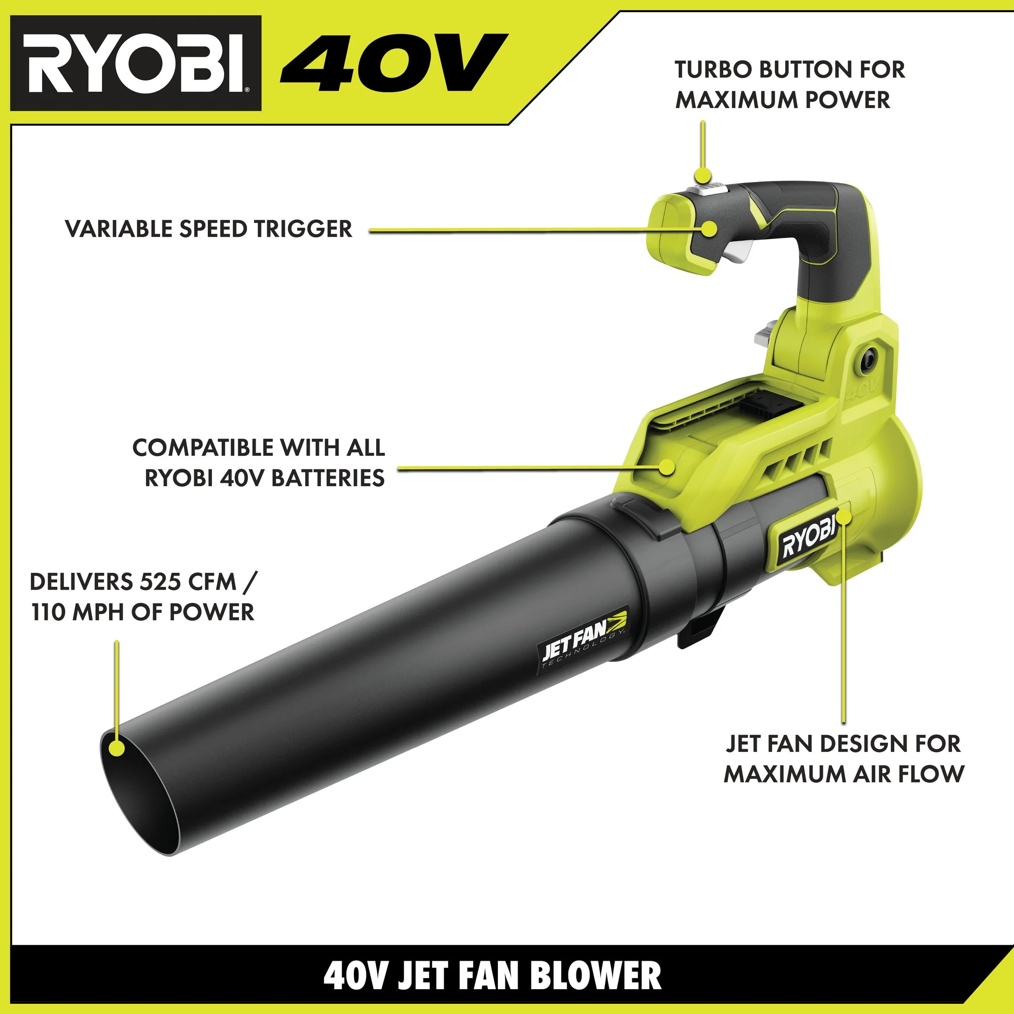 RYOBI 110 MPH 525 CFM 40-Volt Lithium-Ion Cordless Variable-Speed Jet Fan Leaf Blower (Tool-Only) - Image 3