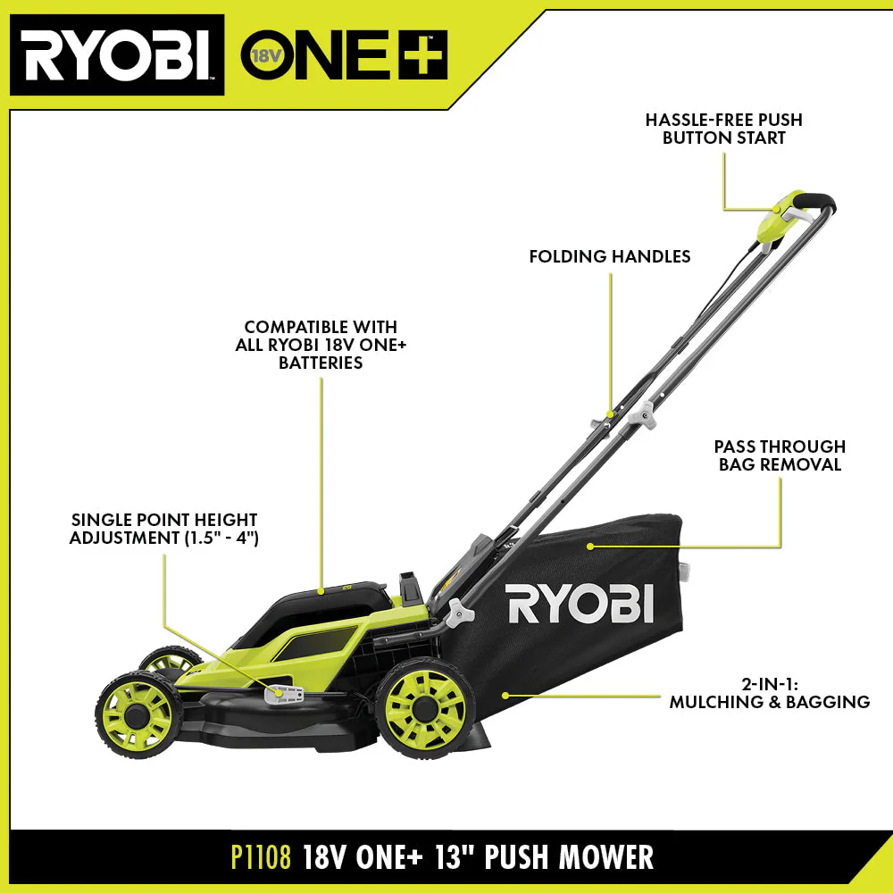 RYOBI 13 in. ONE+ 18-Volt Lithium-Ion Cordless Push Lawn Mower Kit with 4.0Ah Battery & Charger - Image 2