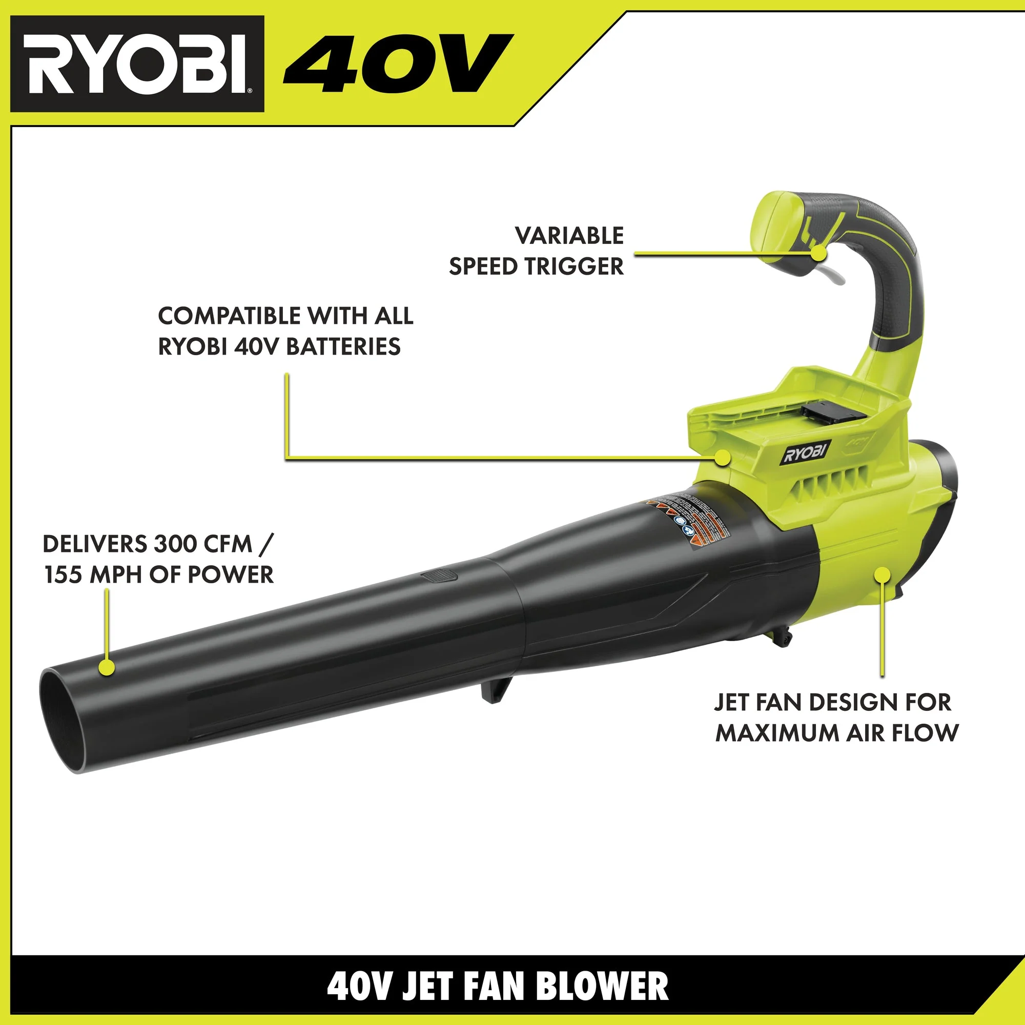 RYOBI 155 MPH 300 CFM 40-Volt Lithium-Ion Cordless Battery Jet Fan Leaf Blower (Tool Only) - Image 2