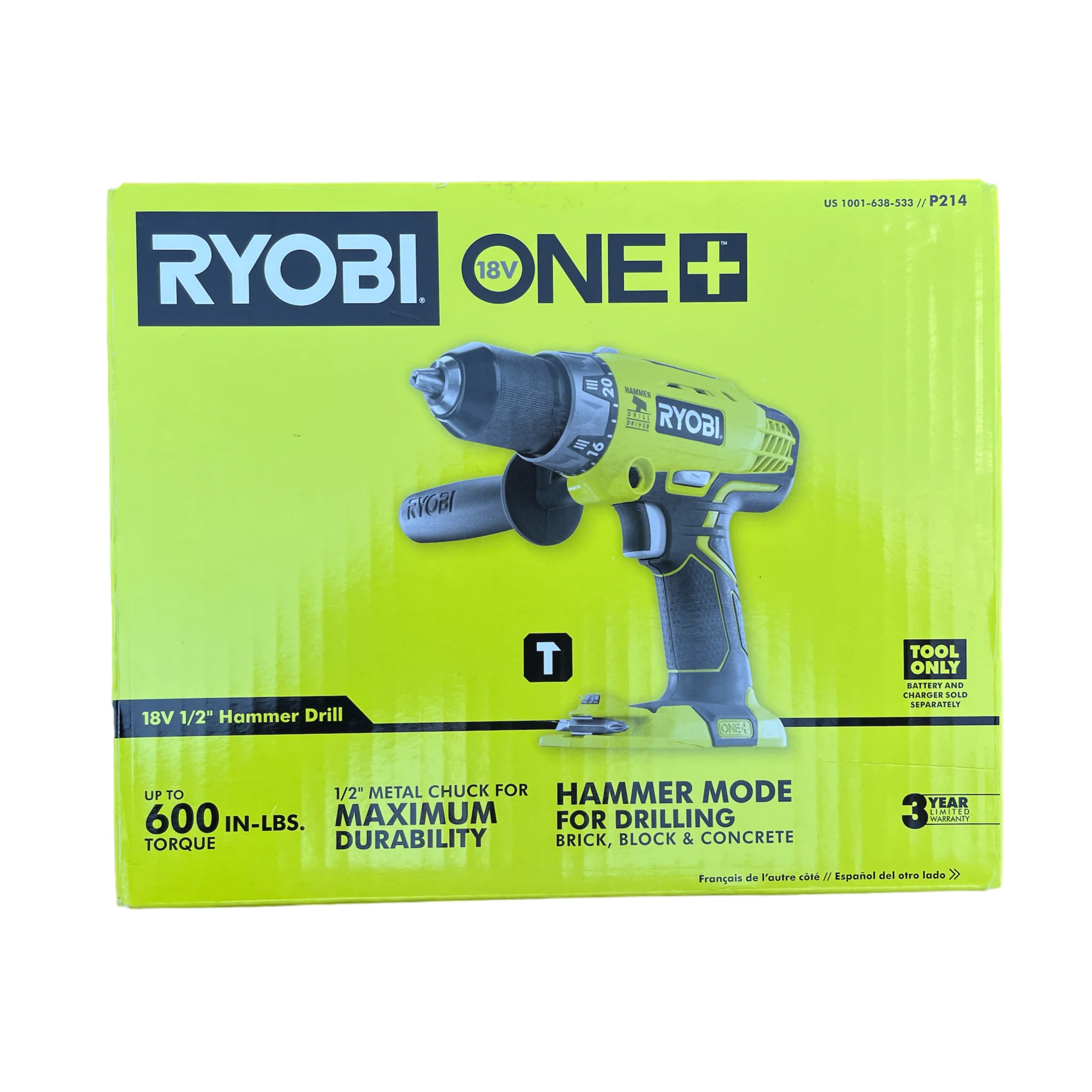 RYOBI 18-Volt ONE+ Cordless 1/2 in. Hammer Drill/Driver (Tool Only) with Handle, P214