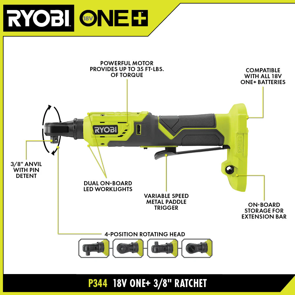 RYOBI 18-Volt ONE+ Cordless 3/8 in. 4-Position Ratchet (Tool Only) - Image 5