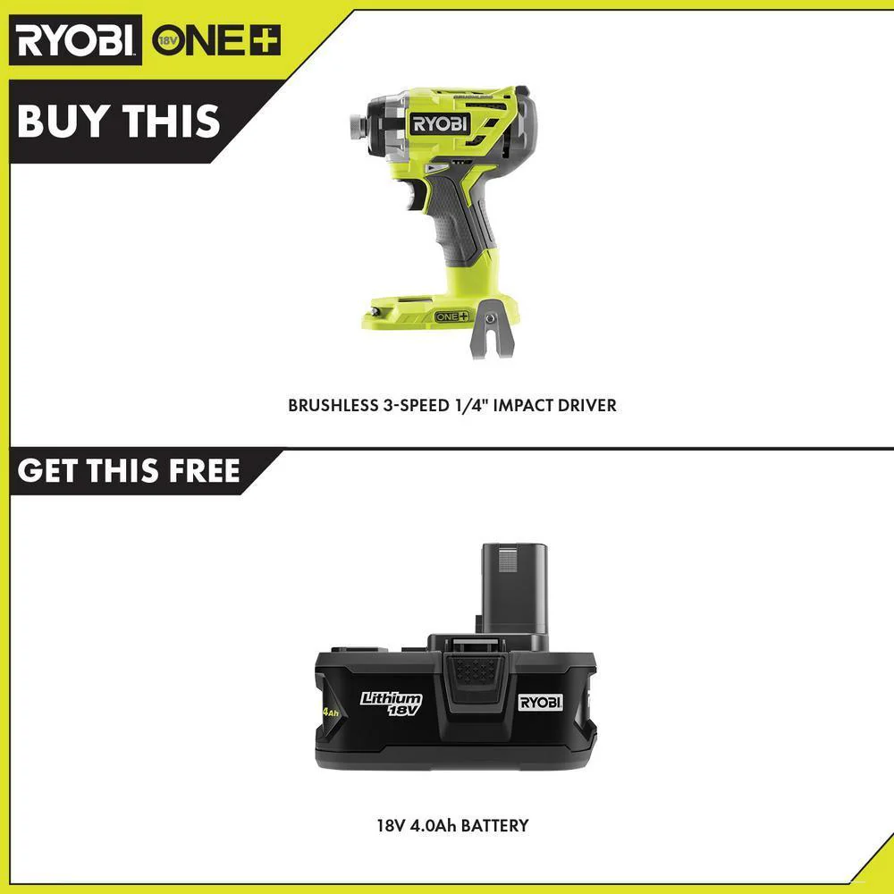 RYOBI 18-Volt ONE+ Cordless Brushless 3-Speed 1/4 in. Hex Impact Driver with 4.0 Ah Lithium-Ion Battery - Image 2