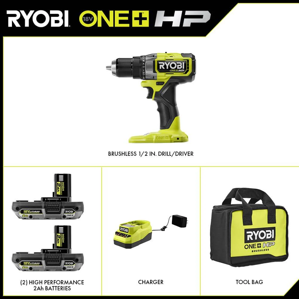 RYOBI 18-Volt ONE+ HP Brushless 1/2 in. Drill/Driver Kit with (2) 2.0 Ah Batteries, Charger, and Bag - Image 2