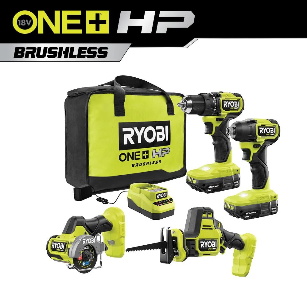 RYOBI 18V ONE+ Brushless Cordless 4-Tool Combo Kit with (2) 2.0 Ah Batteries, Charger, and Bag