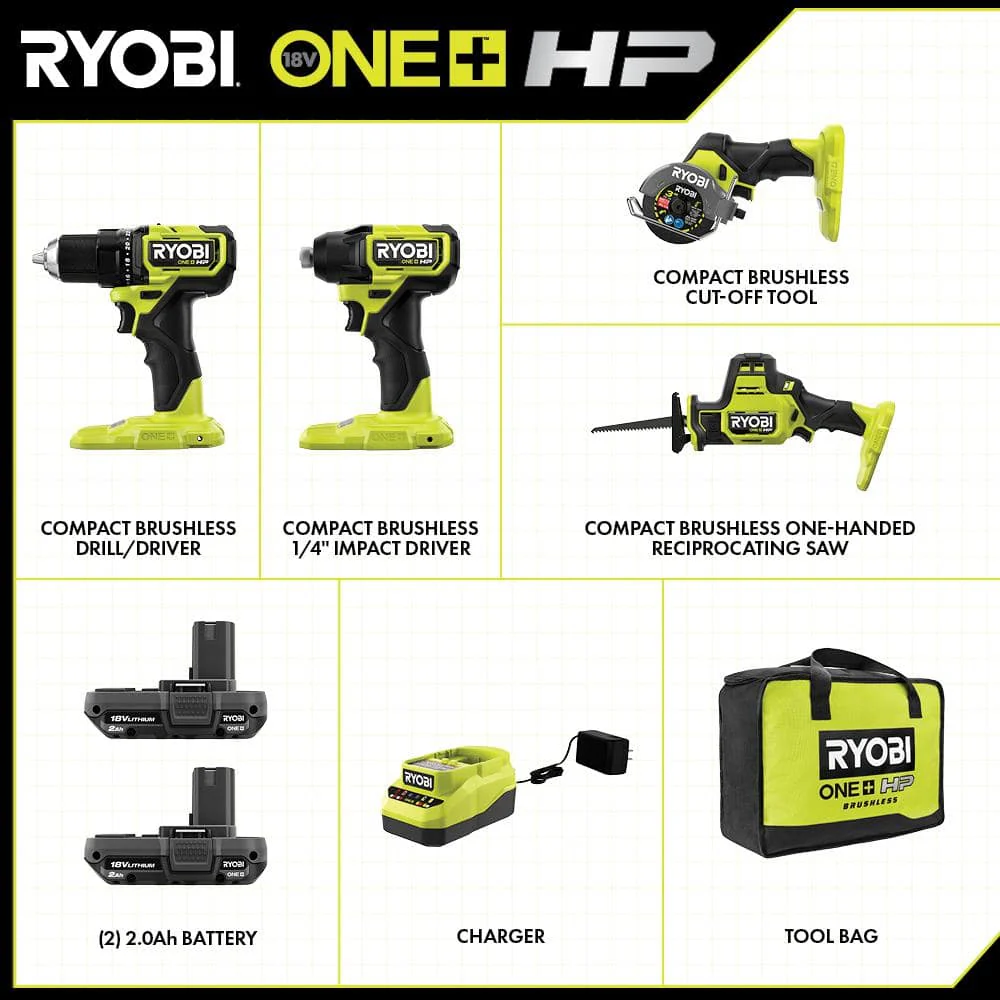 RYOBI 18V ONE+ Brushless Cordless 4-Tool Combo Kit with (2) 2.0 Ah Batteries, Charger, and Bag - Image 2
