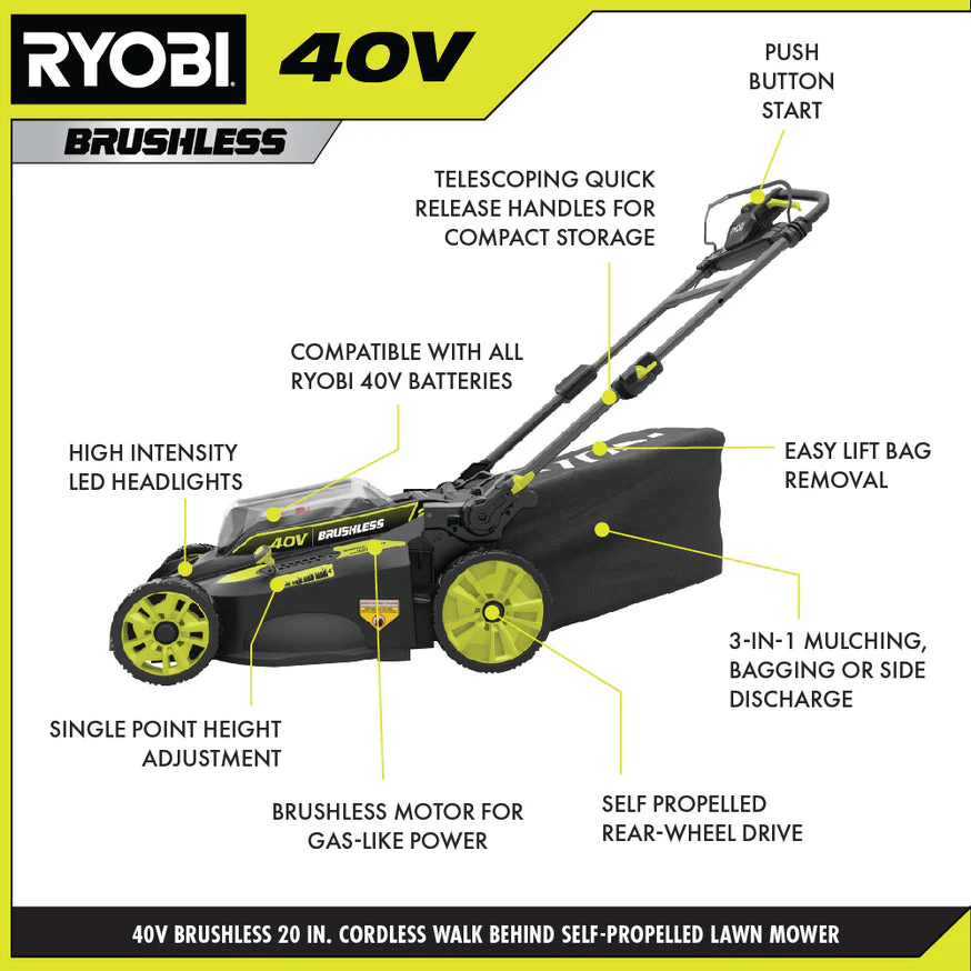RYOBI 20 in. 40-Volt Brushless Lithium-Ion Cordless Self-Propelled Lawn Mower with 5.0 Ah Battery and Charger - Image 2