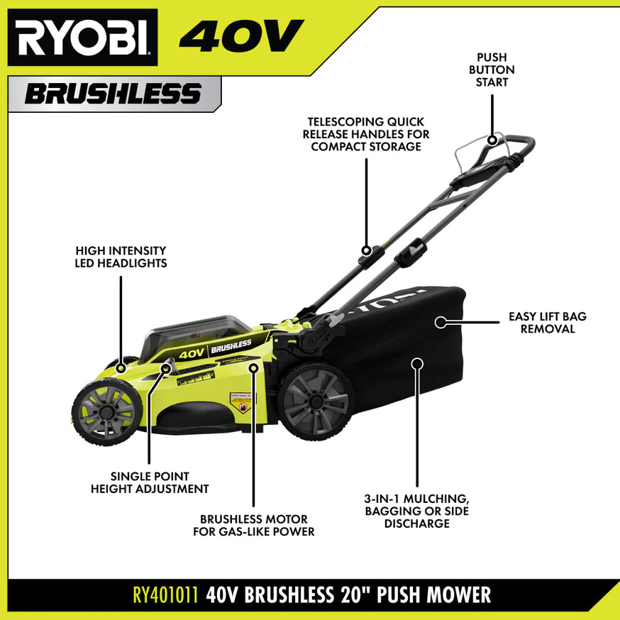 RYOBI 20 in. 40-Volt Brushless Lithium-Ion Cordless Walk-Behind Push Lawn Mower, 6.0Ah Battery & Charger Included - Image 3