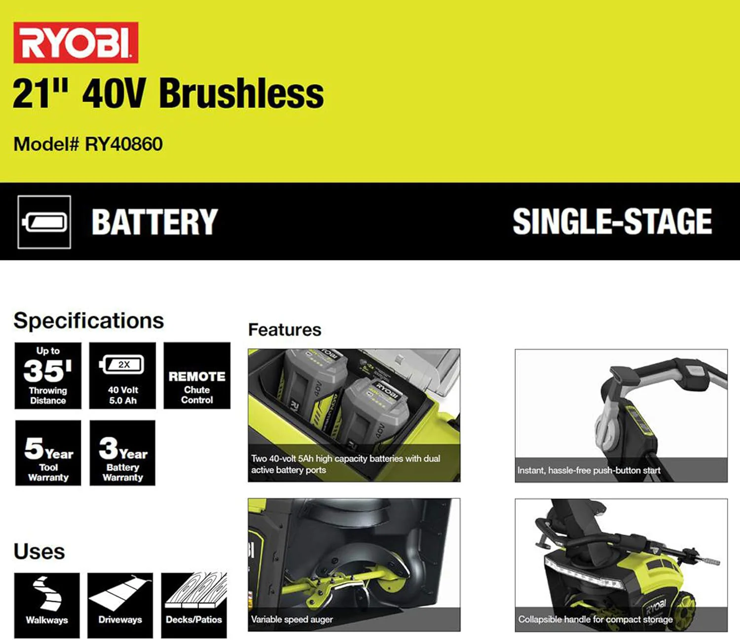 RYOBI 21 in. 40-Volt Brushless Cordless Electric Snow Blower with Two 5.0 Ah Batteries and Charger Included - Image 7