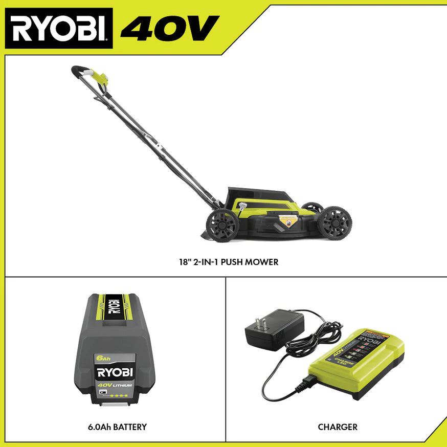 RYOBI 40V 18 in. 2-in-1 Cordless Push Lawn Mower Kit with 6.0Ah Lithium Battery and Charger - Image 3
