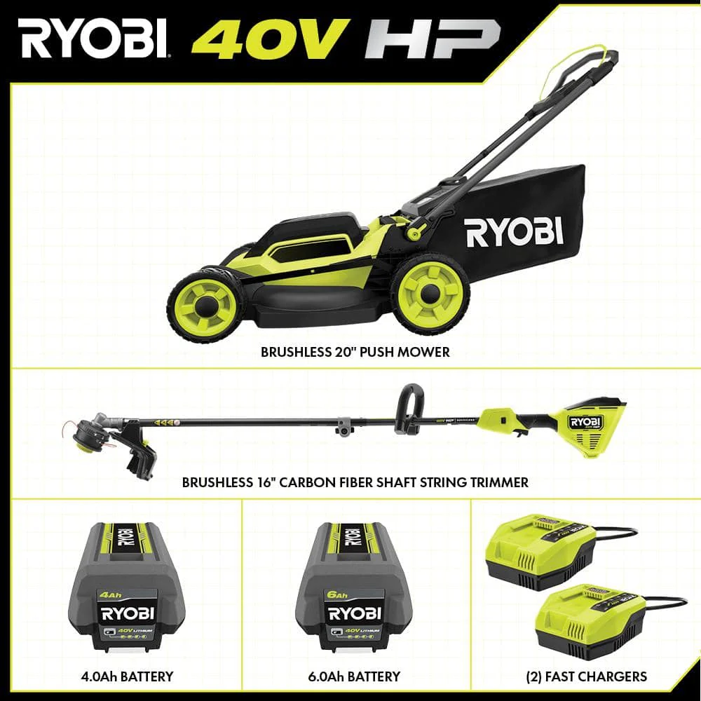 RYOBI 40V HP Brushless 20 in. Cordless Push Lawn Mower & 16 in. String Trimmer Combo Kit with (2) Batteries & (2) Fast Chargers - Image 2