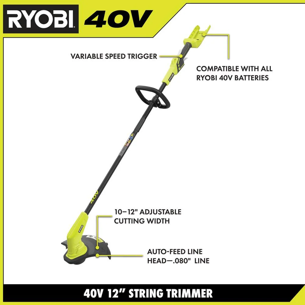 RYOBI 40V Lithium-Ion Cordless String Trimmer – 2.0 Ah Battery and Charger Included (12 in.) - Image 4