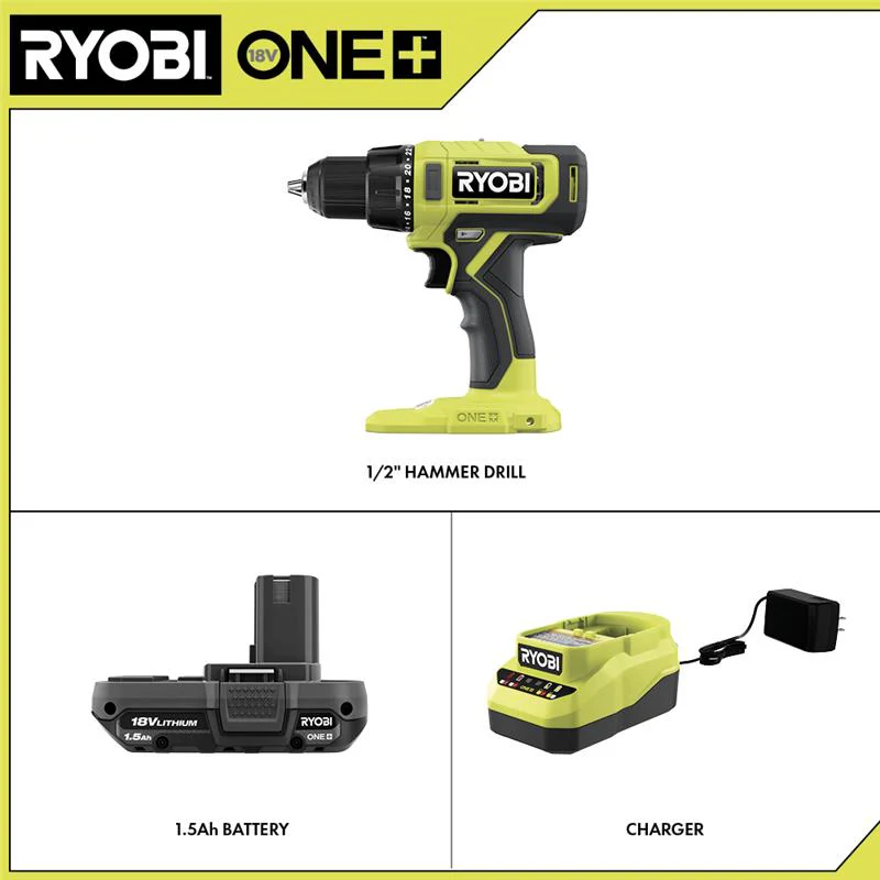 RYOBI ONE+ 18-Volt Lithium-Ion Cordless 1/2 in. Hammer Drill/Driver Kit with (2) 1.5 Ah Batteries, Charger and Tool Bag - Image 8