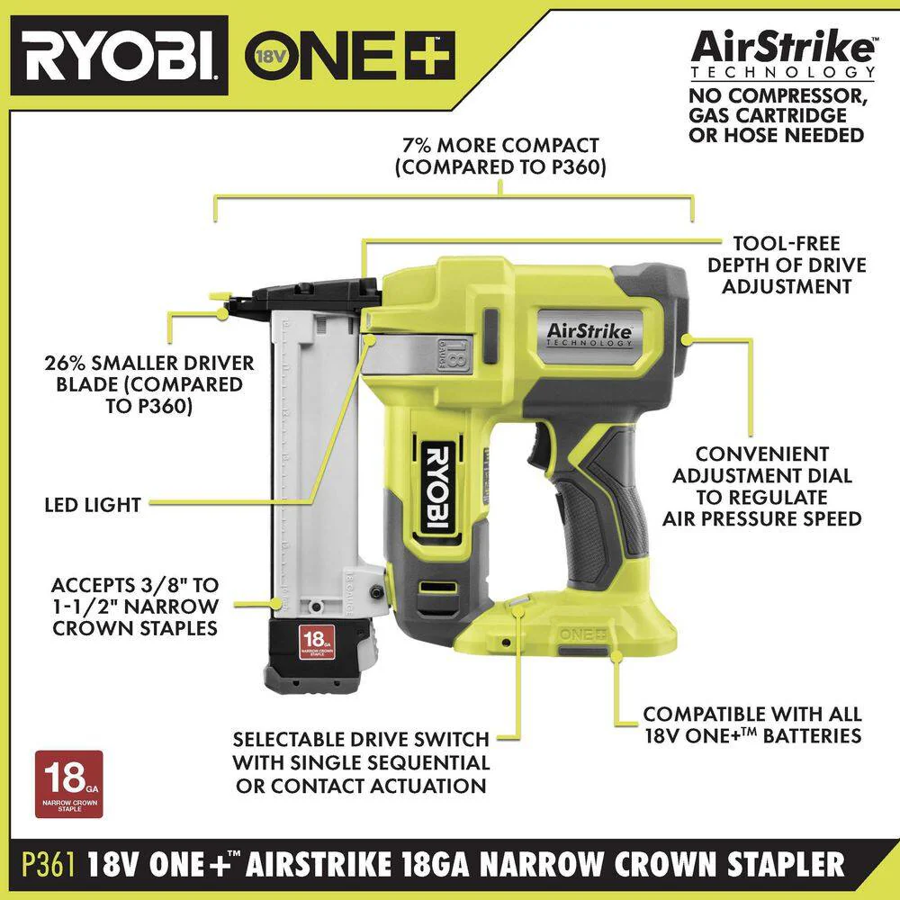 RYOBI ONE+ 18V AirStrike 16-Gauge Straight Finish Nailer & 18-Gauge Narrow Crown Stapler Kit with 2.0 Ah Battery and Charger - Image 3