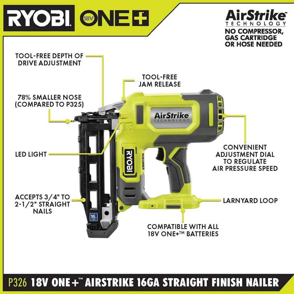 RYOBI ONE+ 18V AirStrike 16-Gauge Straight Finish Nailer (Tool Only) with Sample Nails - Image 2
