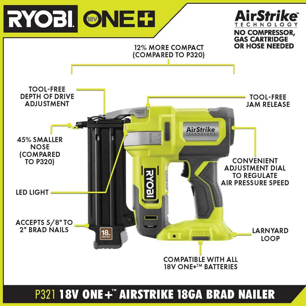 RYOBI ONE+ 18V AirStrike 18-Gauge Brad Nailer & 16-Gauge Straight Finish Nailer Kit with (1) 1.5Ah Battery and Charger - Image 4