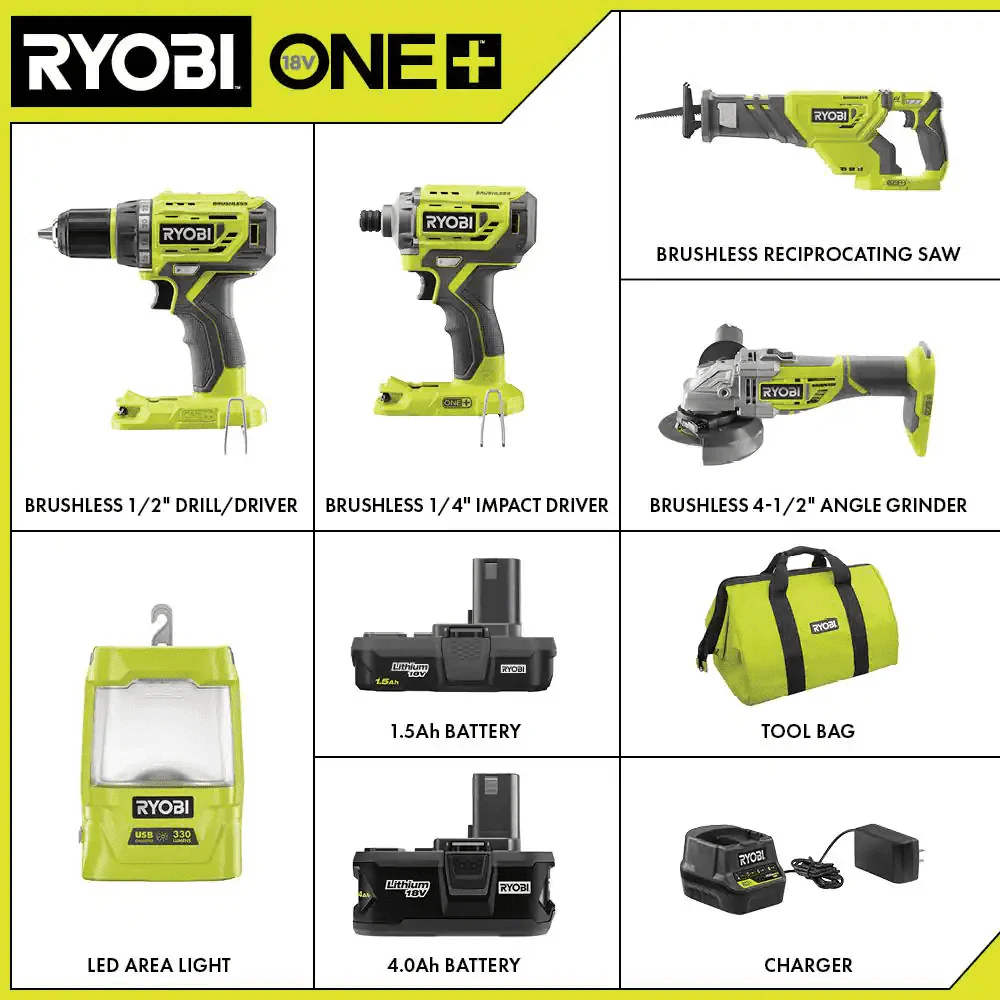RYOBI ONE+ 18V Brushless Cordless 5-Tool Combo Kit with (1) 1.5 Ah Battery, (1) 4.0 Ah Battery, Charger, and Bag - Image 4