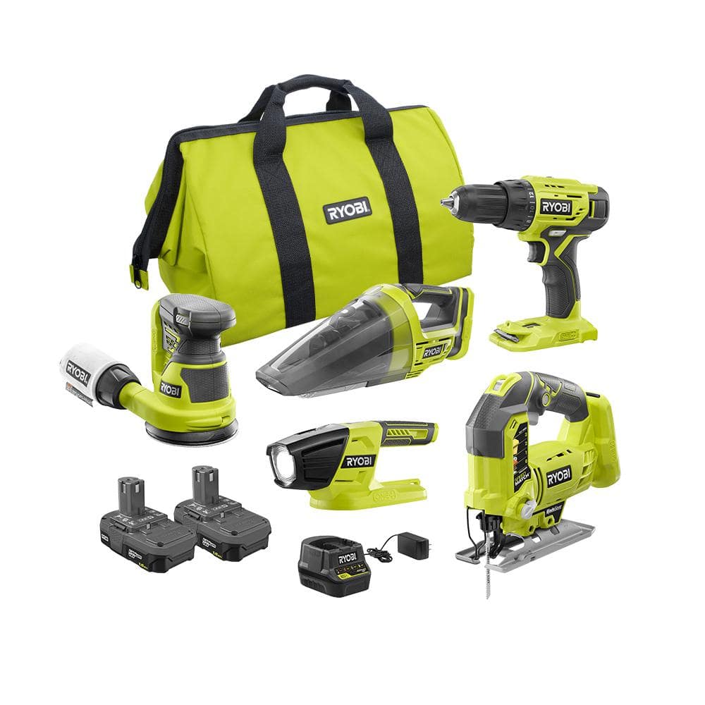 RYOBI ONE+ 18V Brushless Cordless 5-Tool Combo Kit with Two 1.5 Ah Batteries, 18V Charger, and Bag
