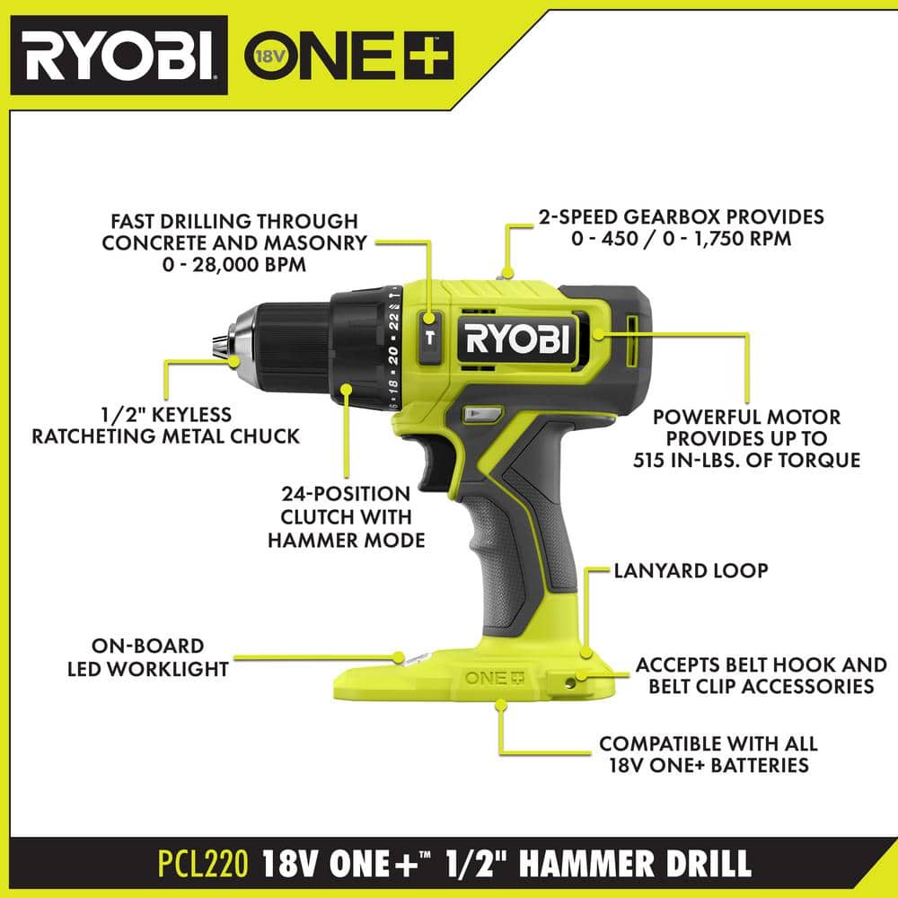 RYOBI ONE+ 18V Cordless 1/2 in. Hammer Drill/Driver Kit with Auxiliary Handle, 2.0 Ah Battery and Charger - Image 3