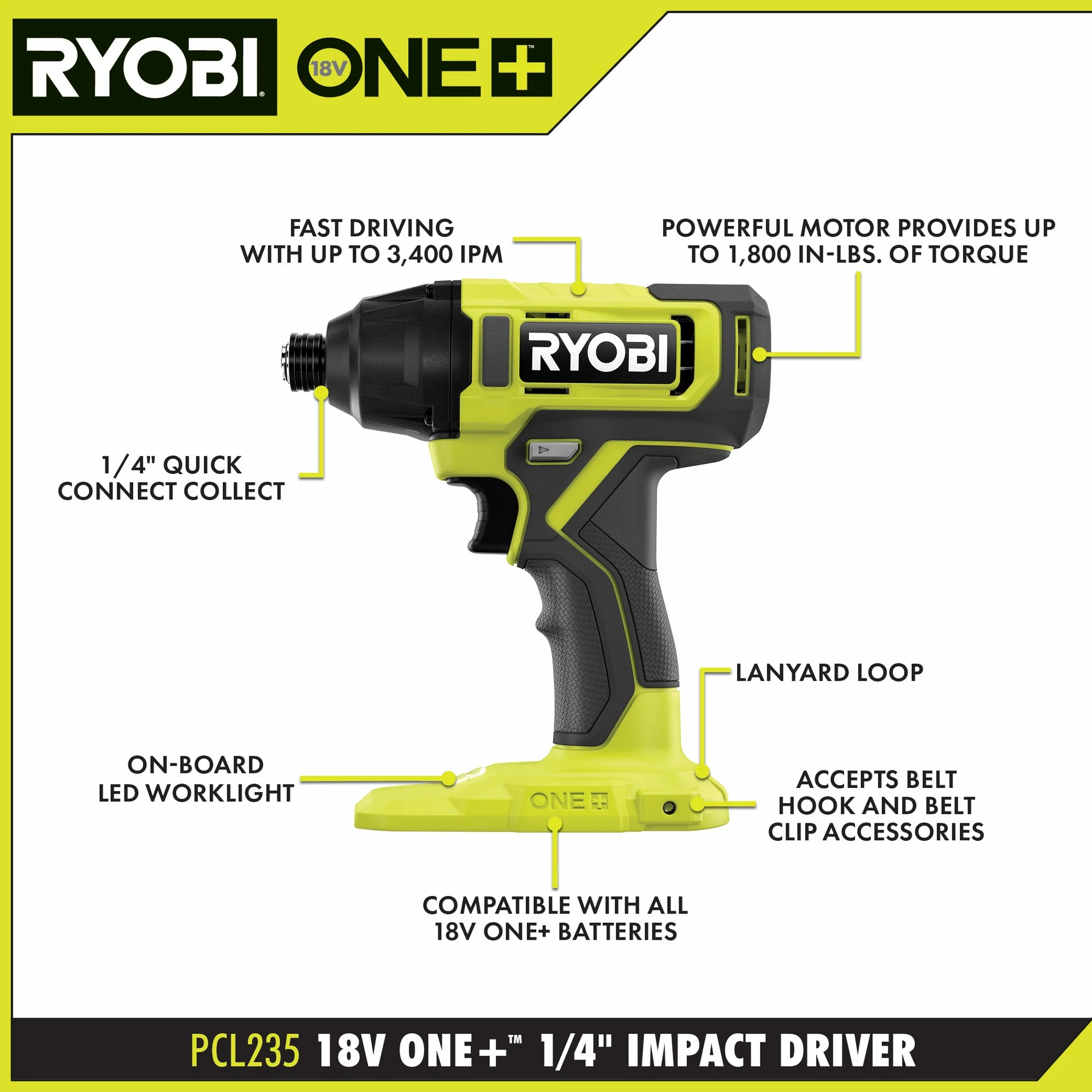 RYOBI ONE+ 18V Cordless 1/4 in. Impact Driver Kit with (2) Batteries, Charger & Bag + 20-Piece Impact-Rated Driving Set - Image 2