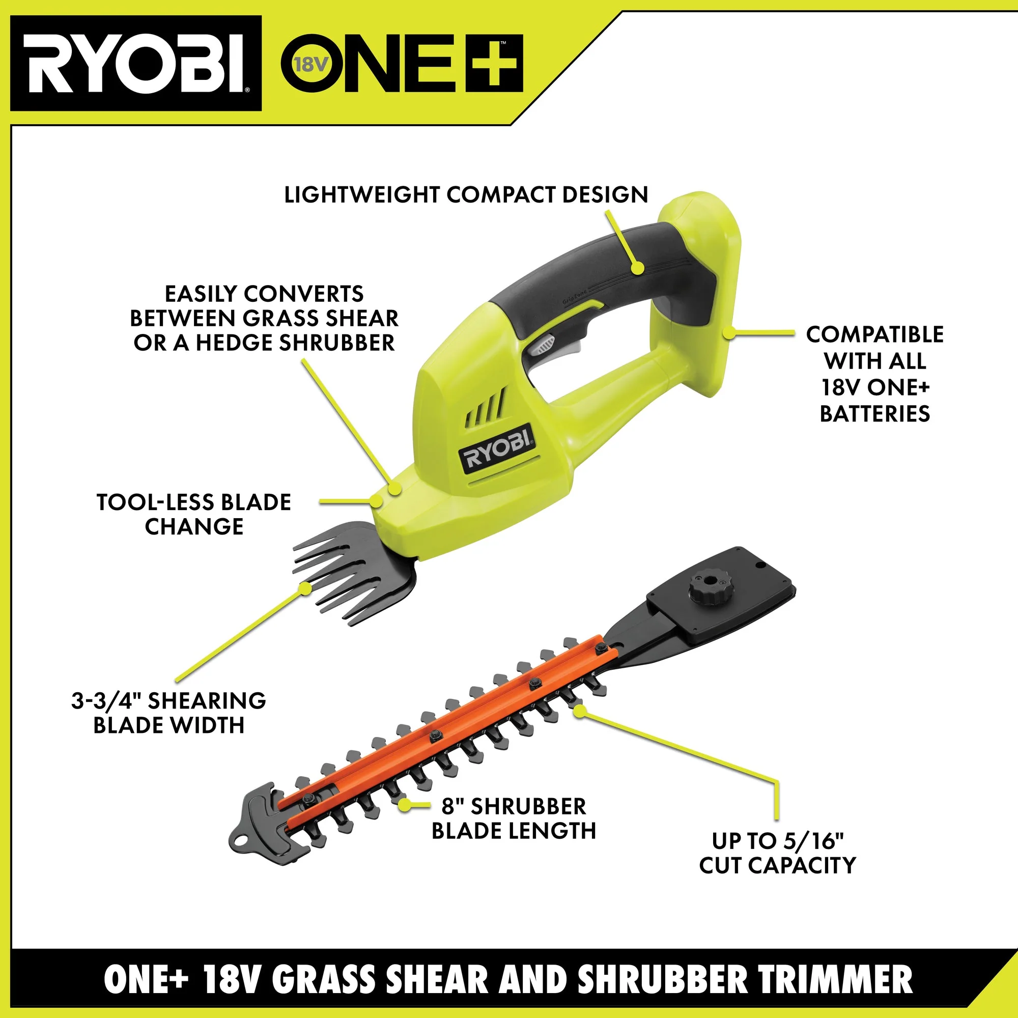 RYOBI ONE+ 18V Cordless Grass Shear and Shrubber Trimmer with 1.3Ah Battery and Charger - Image 2