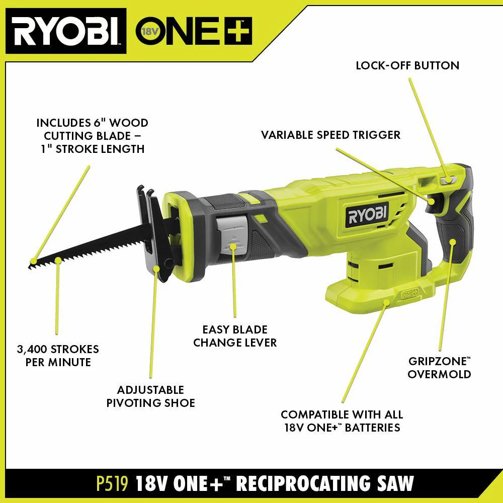RYOBI ONE+ 18V Cordless Reciprocating Saw (Tool-Only), P519 - Image 3