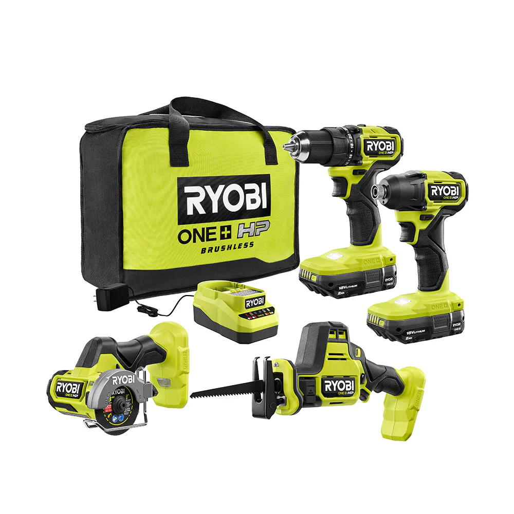 RYOBI ONE+ 18V HP Brushless Cordless 4-Tool Combo Kit with (2) Batteries, Charger, Bag + Free Hammer Drill