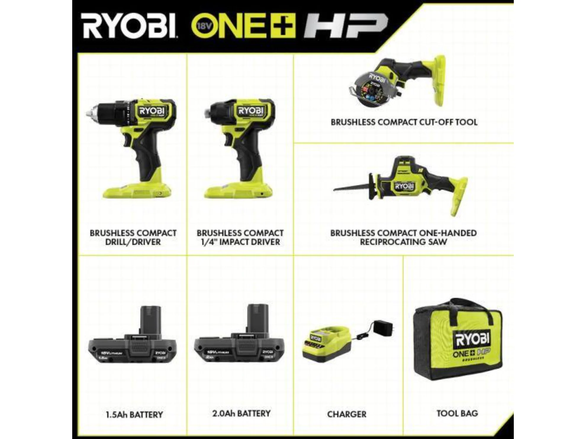 RYOBI ONE+ 18V HP Brushless Cordless 4-Tool Combo Kit with (2) Batteries, Charger, Bag + Free Hammer Drill - Image 5