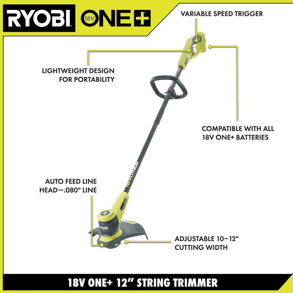 RYOBI ONE+ 18V Lithium-Ion Cordless 12 in. String Trimmer with 2.0 Ah Battery and Charger (P20100) - Image 3