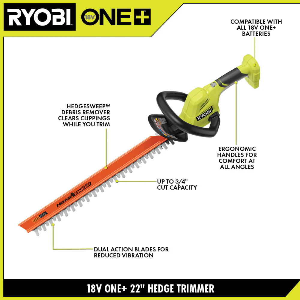 RYOBI ONE+ 22 in. 18-Volt Lithium-Ion Cordless Hedge Trimmer (Tool Only) - Image 6