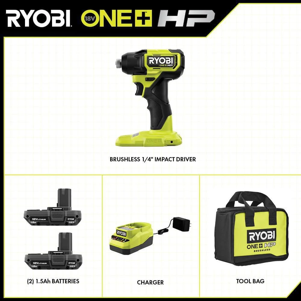 RYOBI ONE+ HP 18V Brushless Cordless Compact 1/4 in. Impact Driver Kit with (2) 1.5 Ah Batteries, Charger and Bag - Image 2