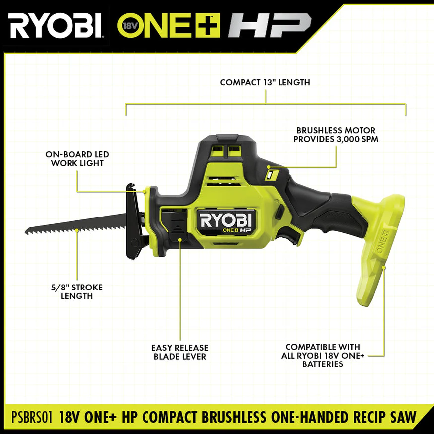 RYOBI ONE+ HP 18V Brushless Cordless Compact One-Handed Reciprocating Saw (Tool Only) - Image 2
