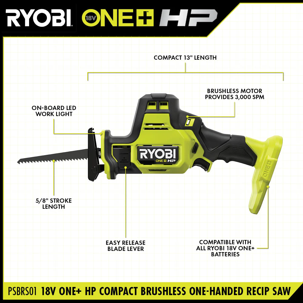 RYOBI ONE+ HP 18V Brushless Cordless Compact One-Handed Reciprocating Saw (Tool Only) - Image 5
