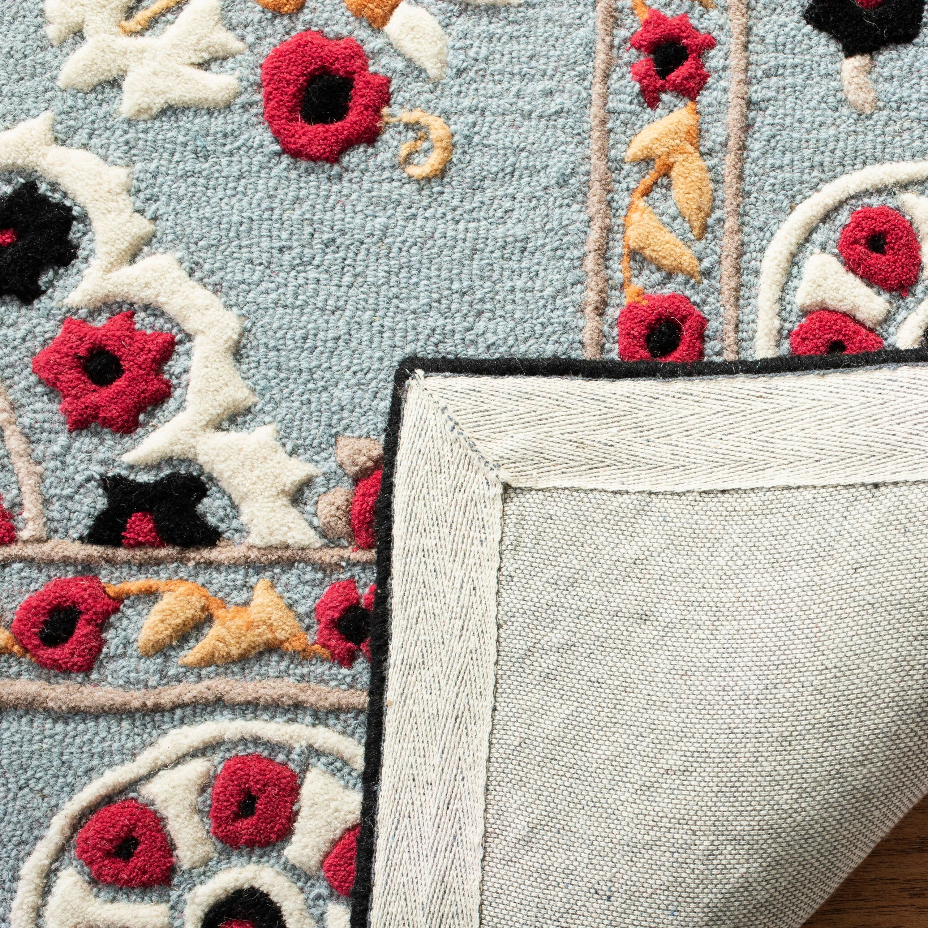Safavieh Bellagio Roble 5 x 5 Light Blue/Black Square Indoor Floral/Botanical Farmhouse/Cottage Handcrafted Area Rug - Image 3