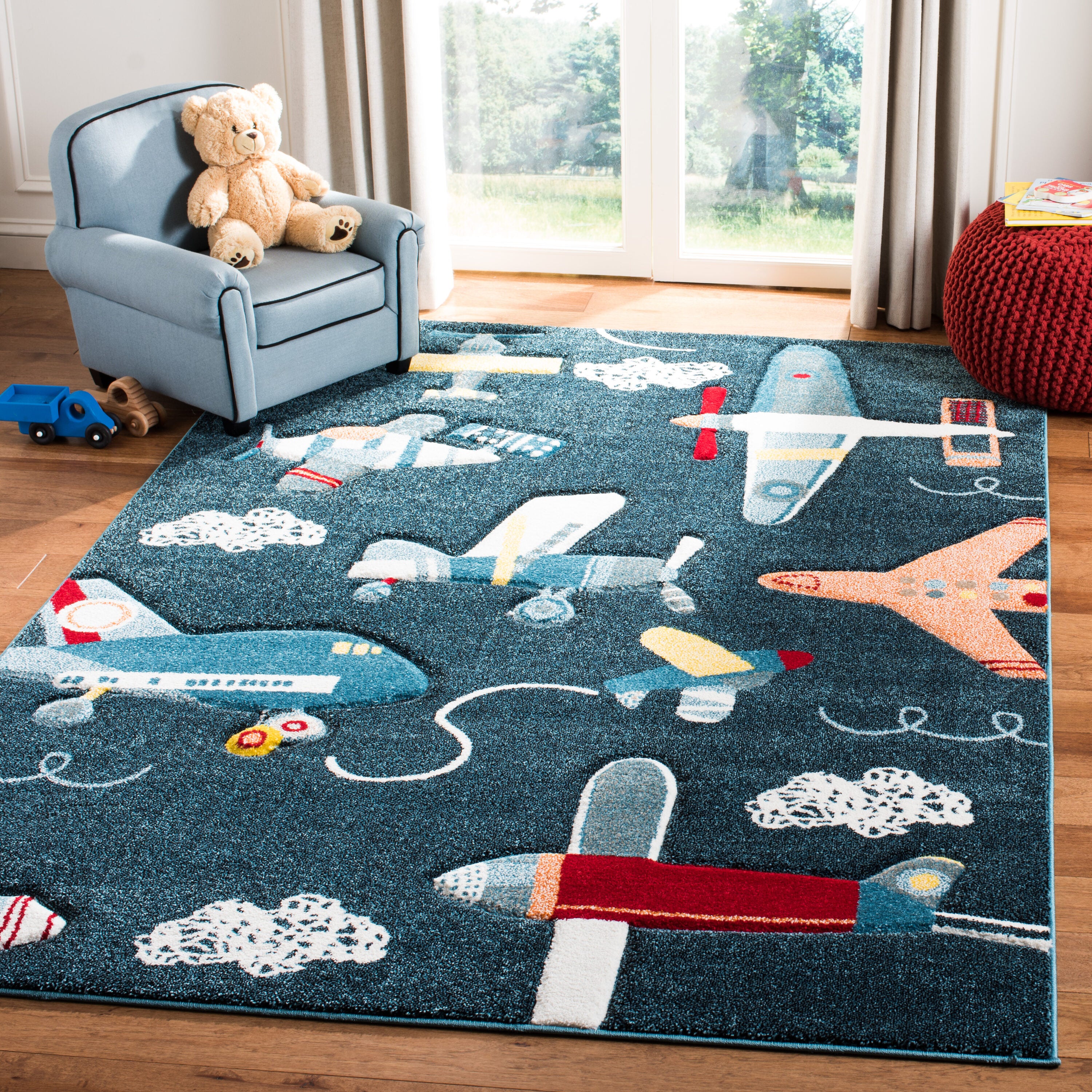 Safavieh Carousel Kids Planes 5'3" x 5'3" Navy/Ivory Square Indoor Kids Area Rug - Image 2