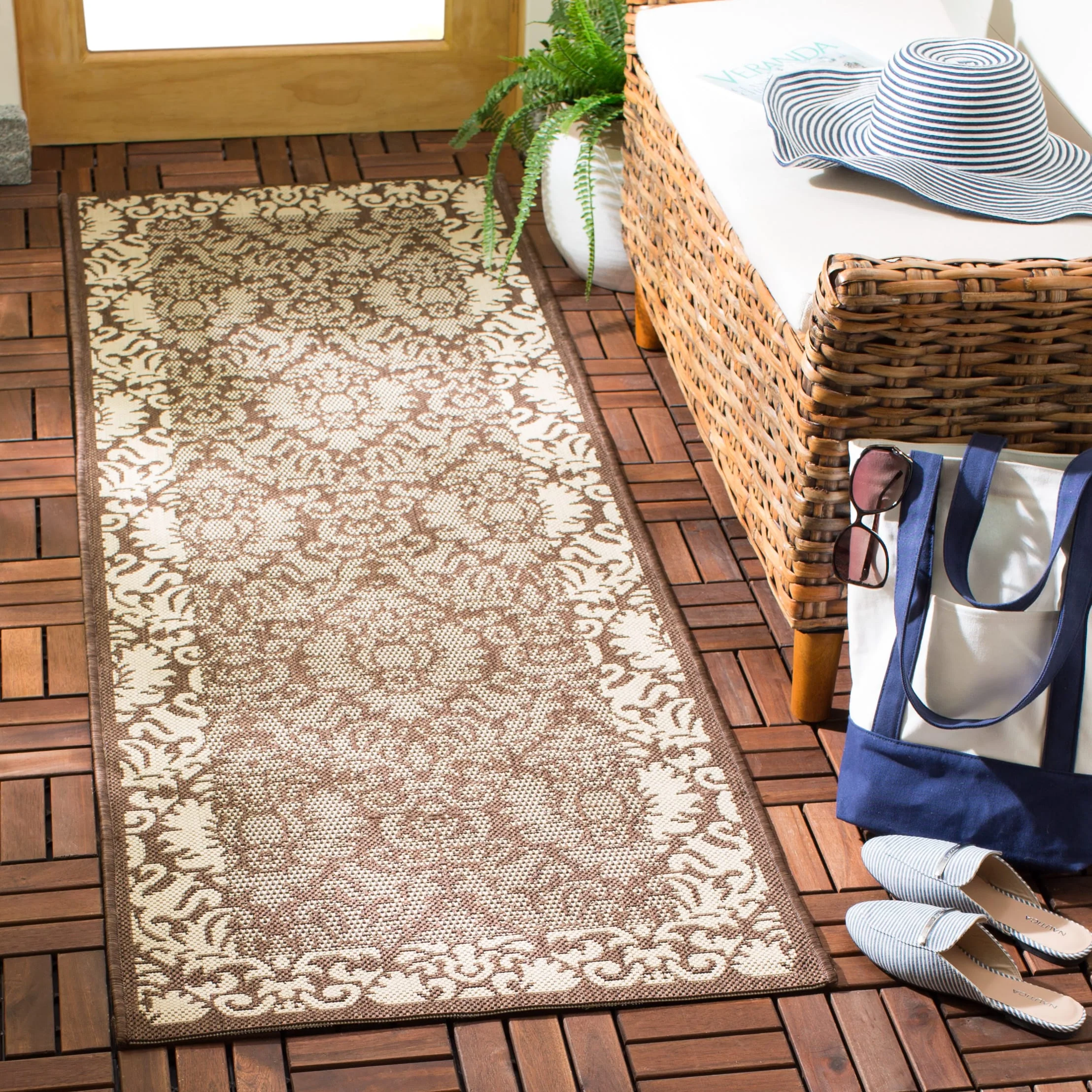 Safavieh Courtyard Nashua 2 ft 3 in x 12 ft Chocolate/Natural Indoor/Outdoor Damask Runner Rug