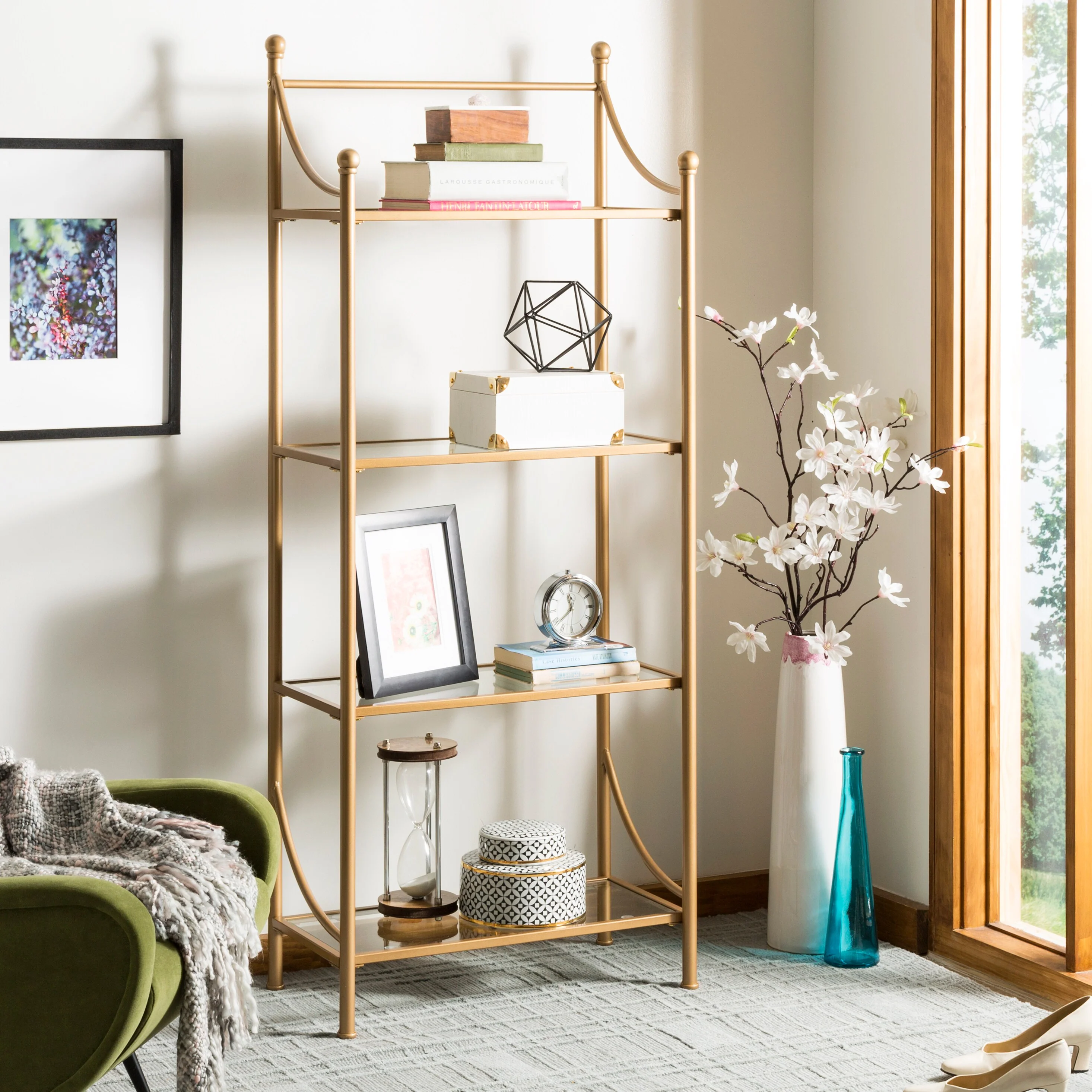 Safavieh Diana Gold Liquid/Tempered Glass Metal Etagere, 4-Shelf, 30-in W x 14-in D x 72-in H