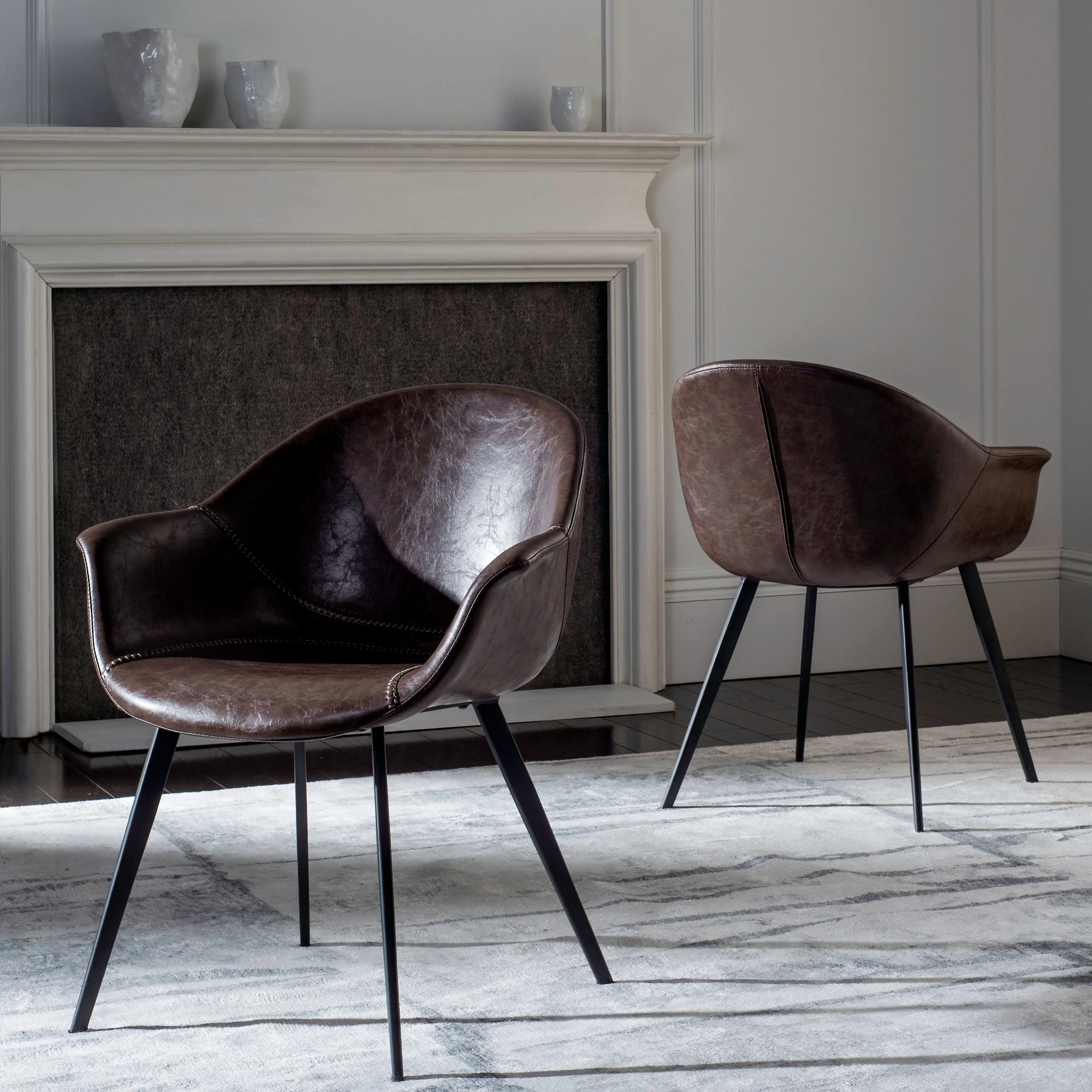 Safavieh Dublin Contemporary Faux Leather Upholstered Arm Chair, Set of 2, Dark Brown/Black (Wood Frame) - Image 2