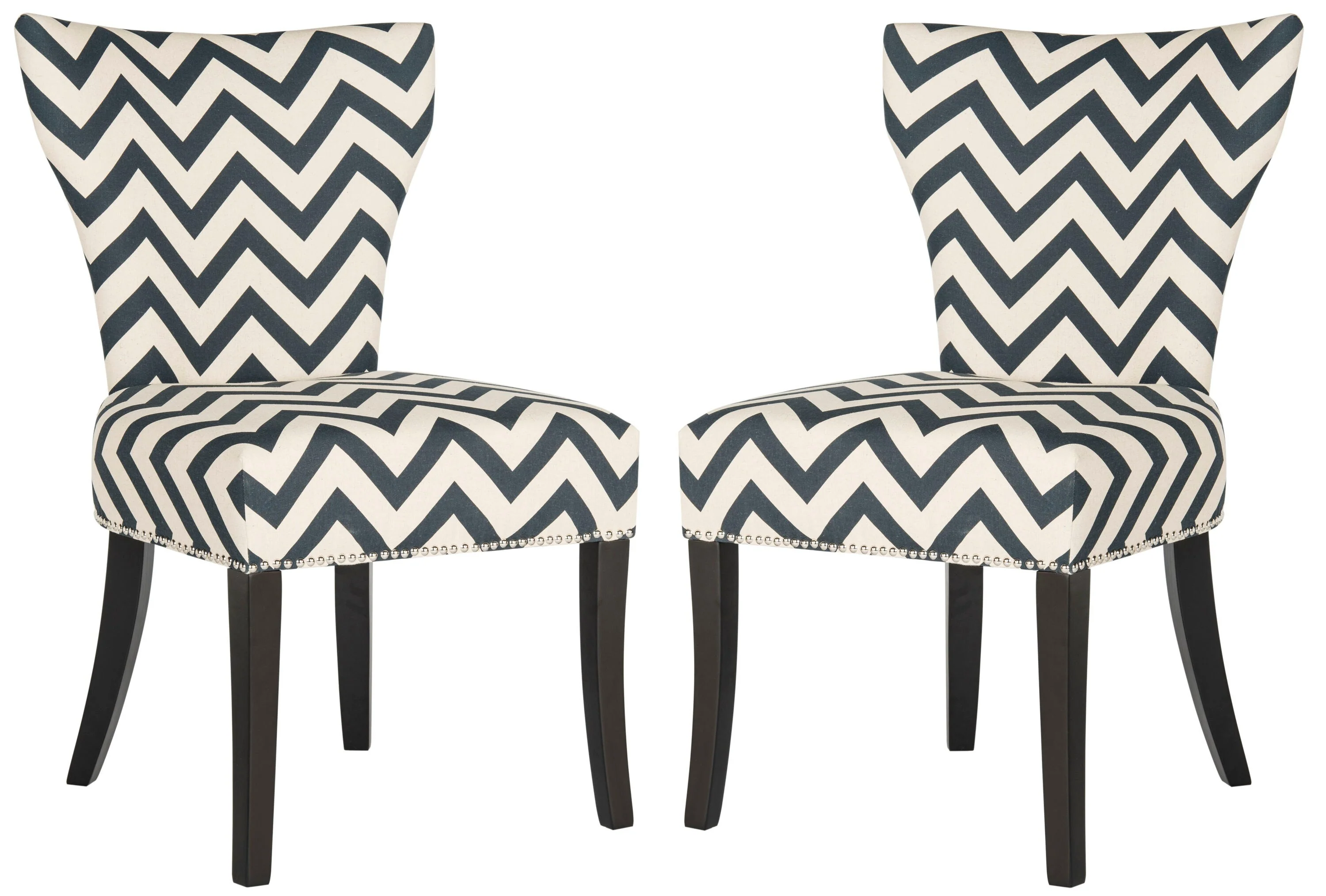 Safavieh Jappic Set of 2 Contemporary Cotton-Linen Upholstered Side Chairs, Navy/White Chevron, Wood Frame (22.4 in W x 24.4 in D x 36.8 in H)