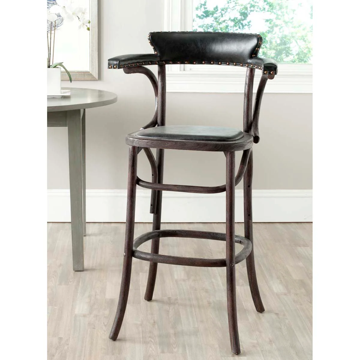 Safavieh Kenny Antique Black Upholstered Bar Stool, 24 x 19.3 x 42.9 in - Image 2