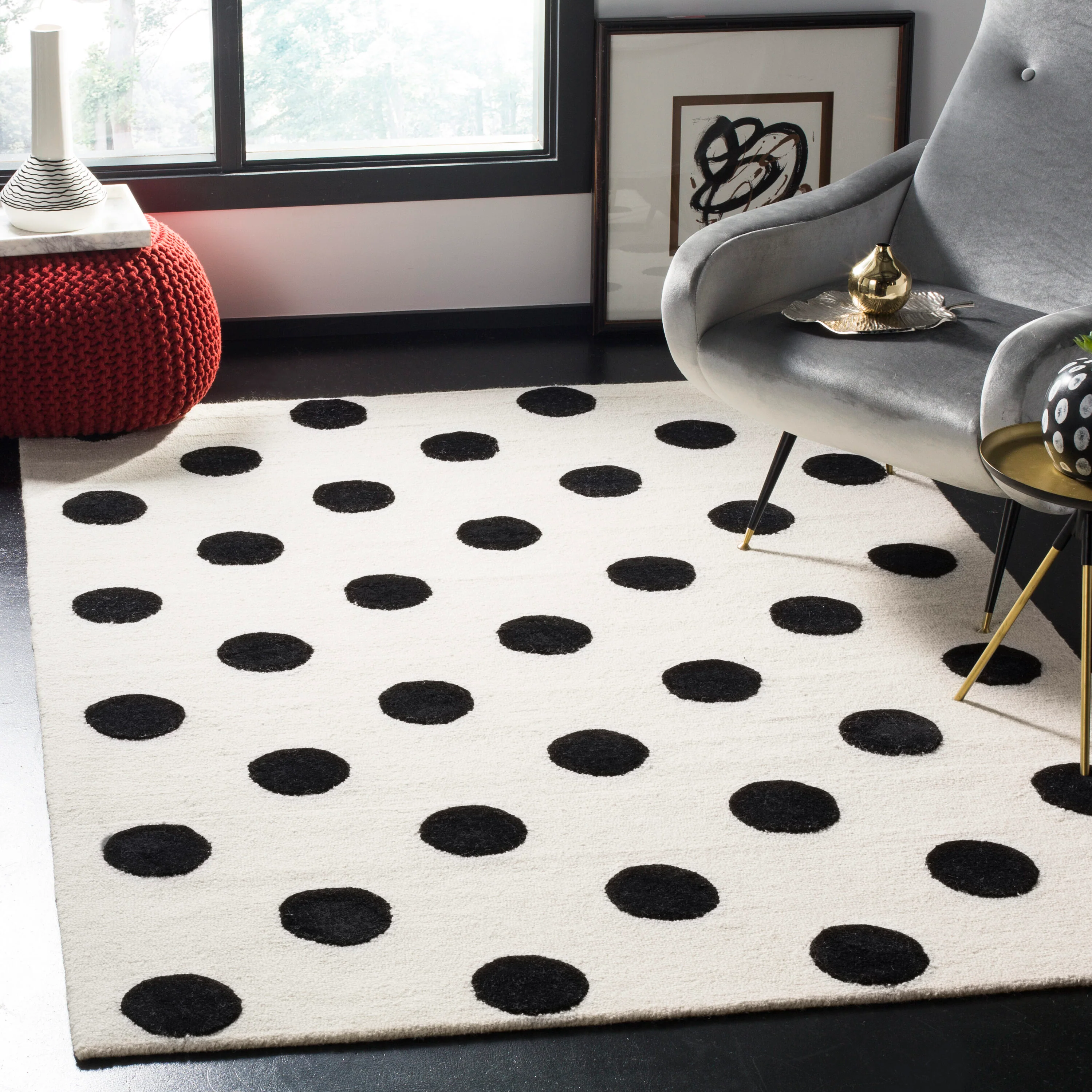 Safavieh Kids Polka Dots 4 x 6 Ivory/Black Handcrafted Wool Indoor Area Rug