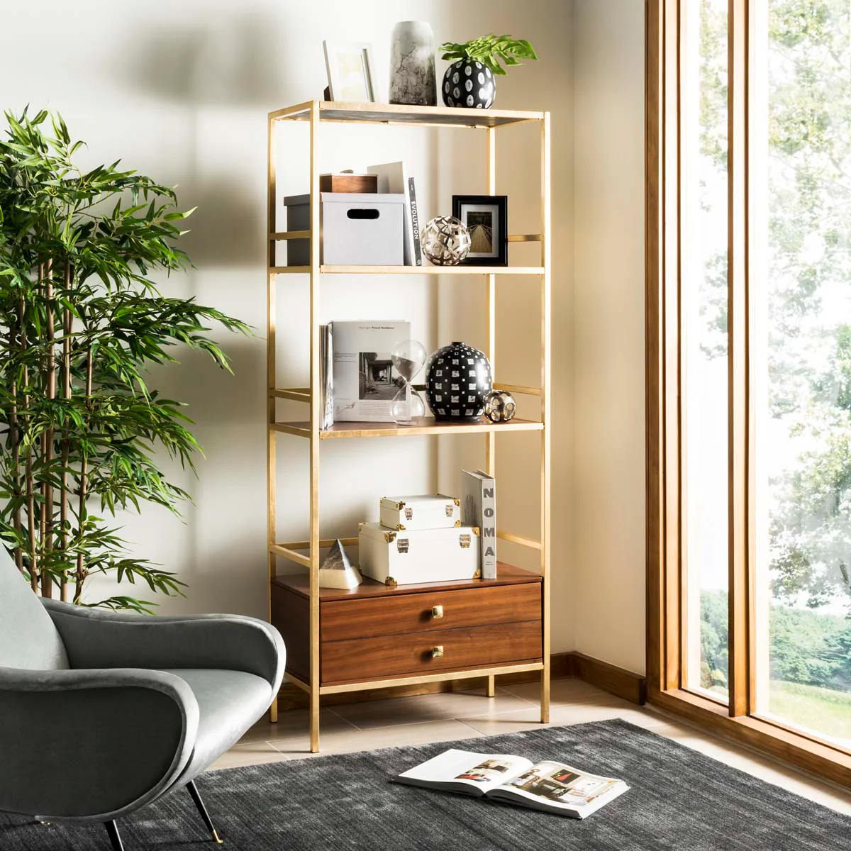 Safavieh Mateo Gold/Walnut Metal Etagere, 30 x 14 x 72 in - Image 2
