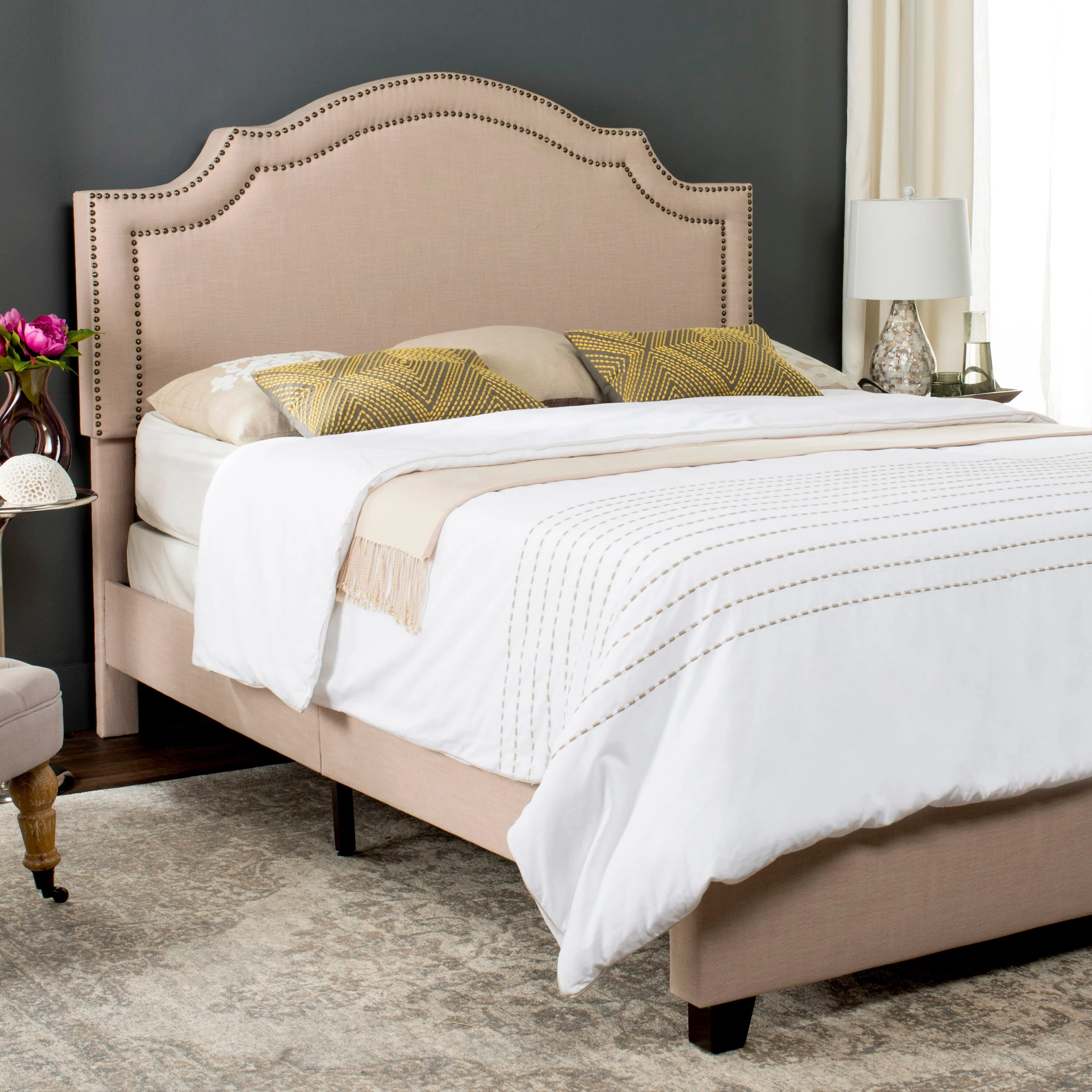 Safavieh Theron Light Beige/Brass Nailheads Queen Upholstered Bed - Image 2