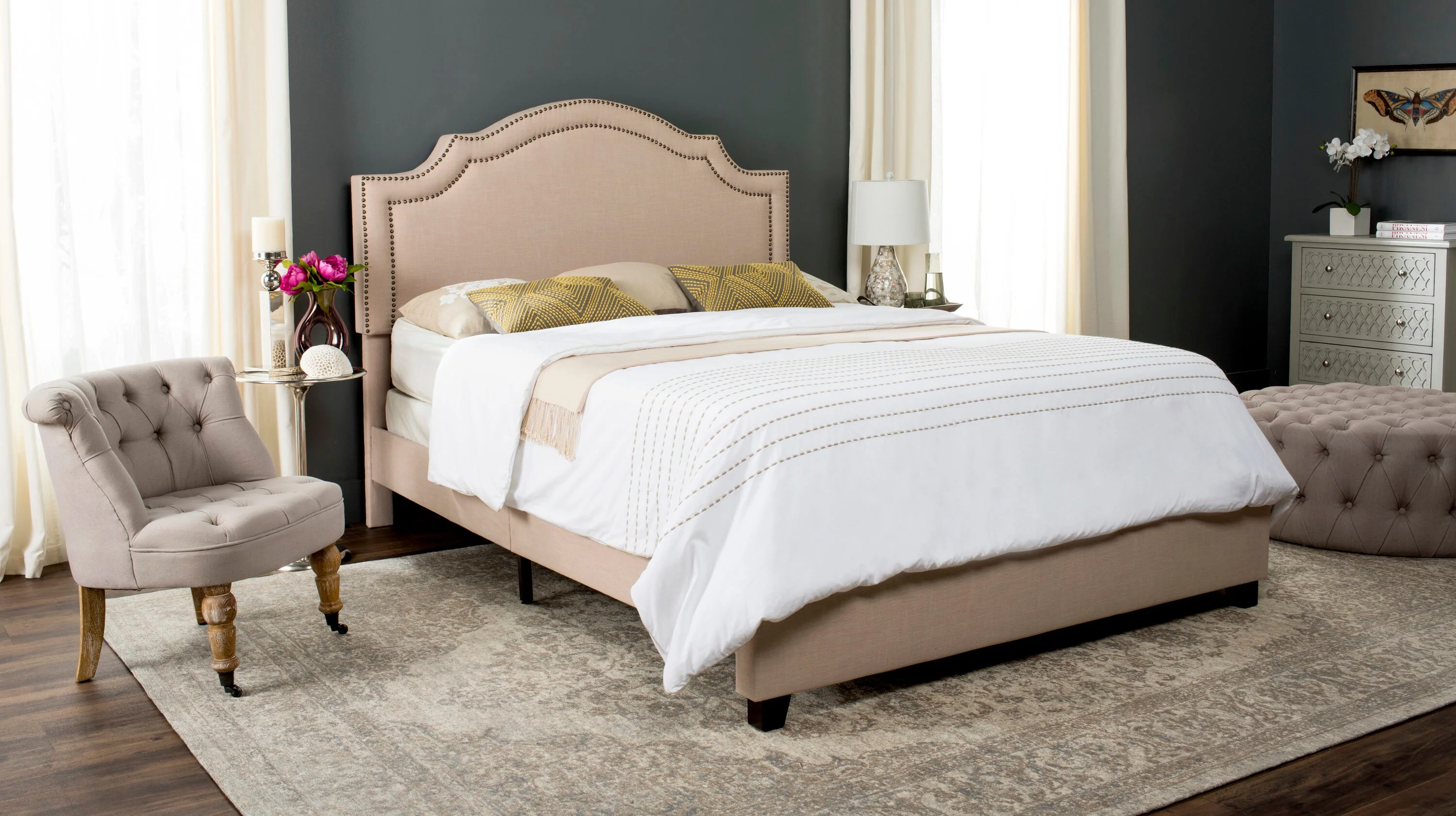 Safavieh Theron Light Beige/Brass Nailheads Queen Upholstered Bed - Image 4