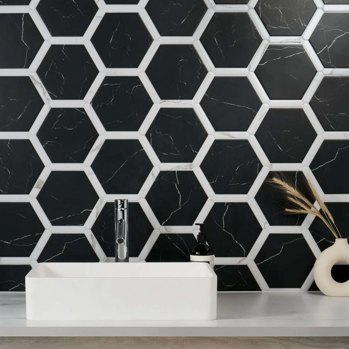 Sagon Nero Black 9" Hexagon Matte Porcelain Tile - Lux Tile - Image 3