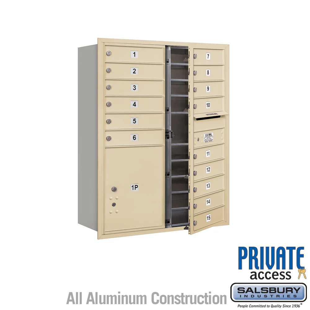 Salsbury 11-Door-High Recessed Mounted 4C Mailbox, 15 Compartments + PL5 Parcel Locker, Sandstone Finish