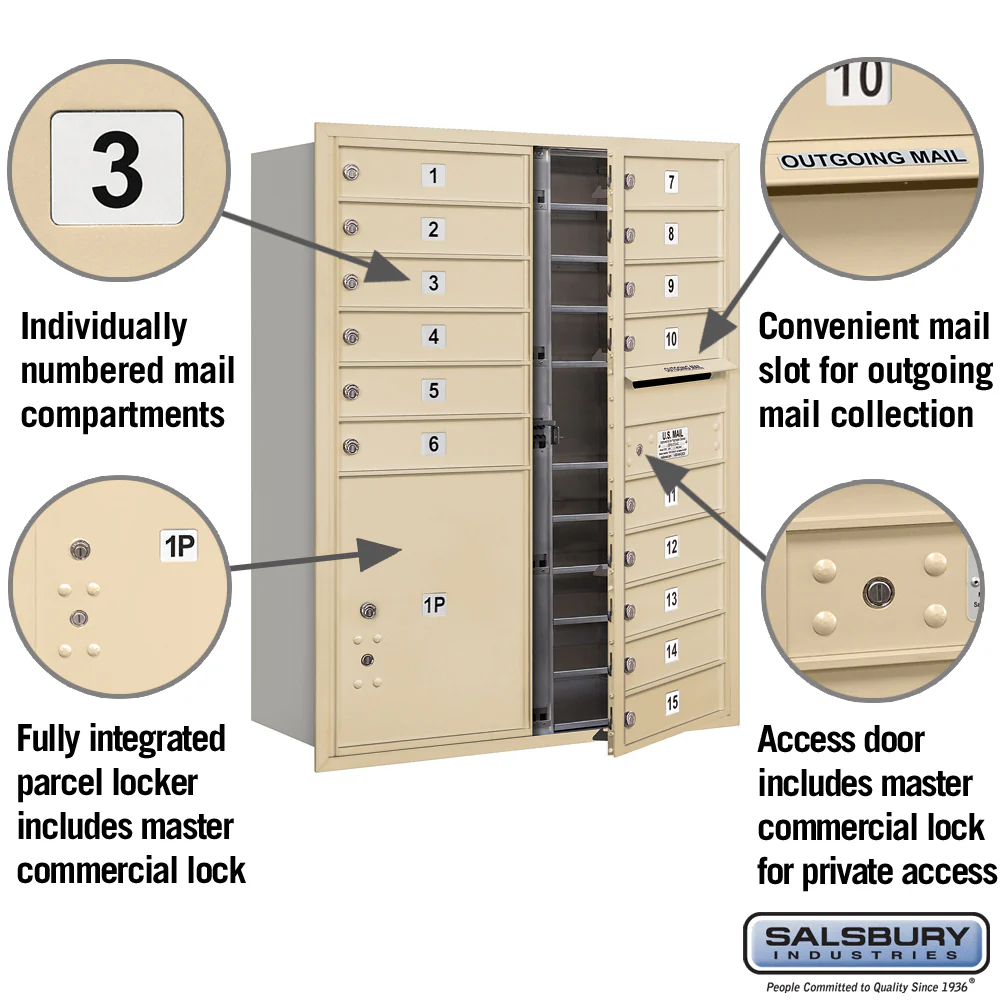 Salsbury 11-Door-High Recessed Mounted 4C Mailbox, 15 Compartments + PL5 Parcel Locker, Sandstone Finish - Image 2