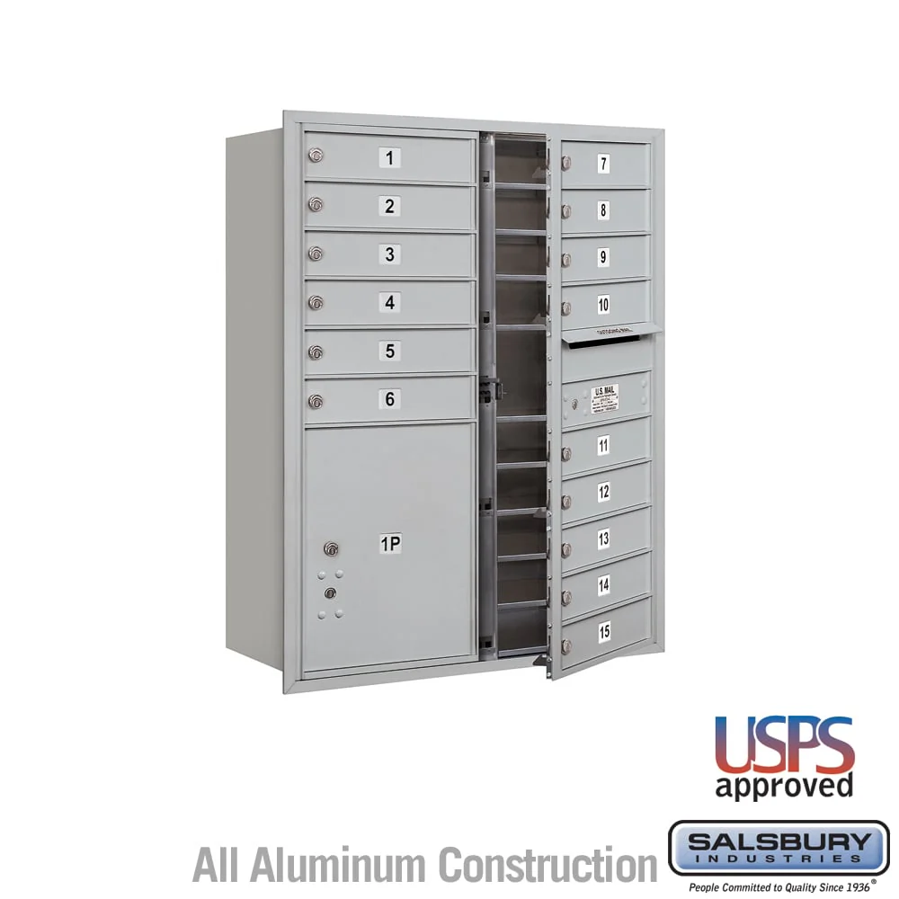 Salsbury 11-Door-High Recessed Mounted 4C Mailbox, 15 Compartments with PL5 Parcel Locker, Sandstone Finish