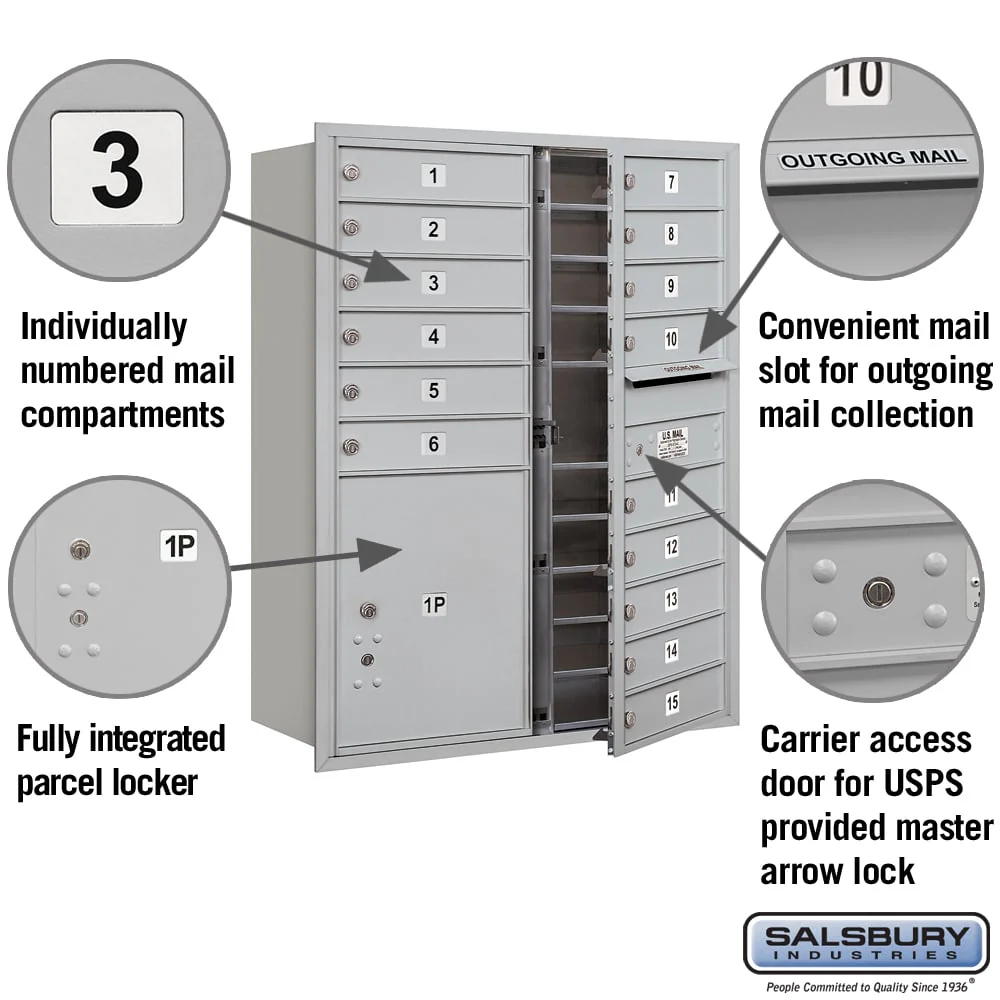 Salsbury 11-Door-High Recessed Mounted 4C Mailbox, 15 Compartments with PL5 Parcel Locker, Sandstone Finish - Image 2