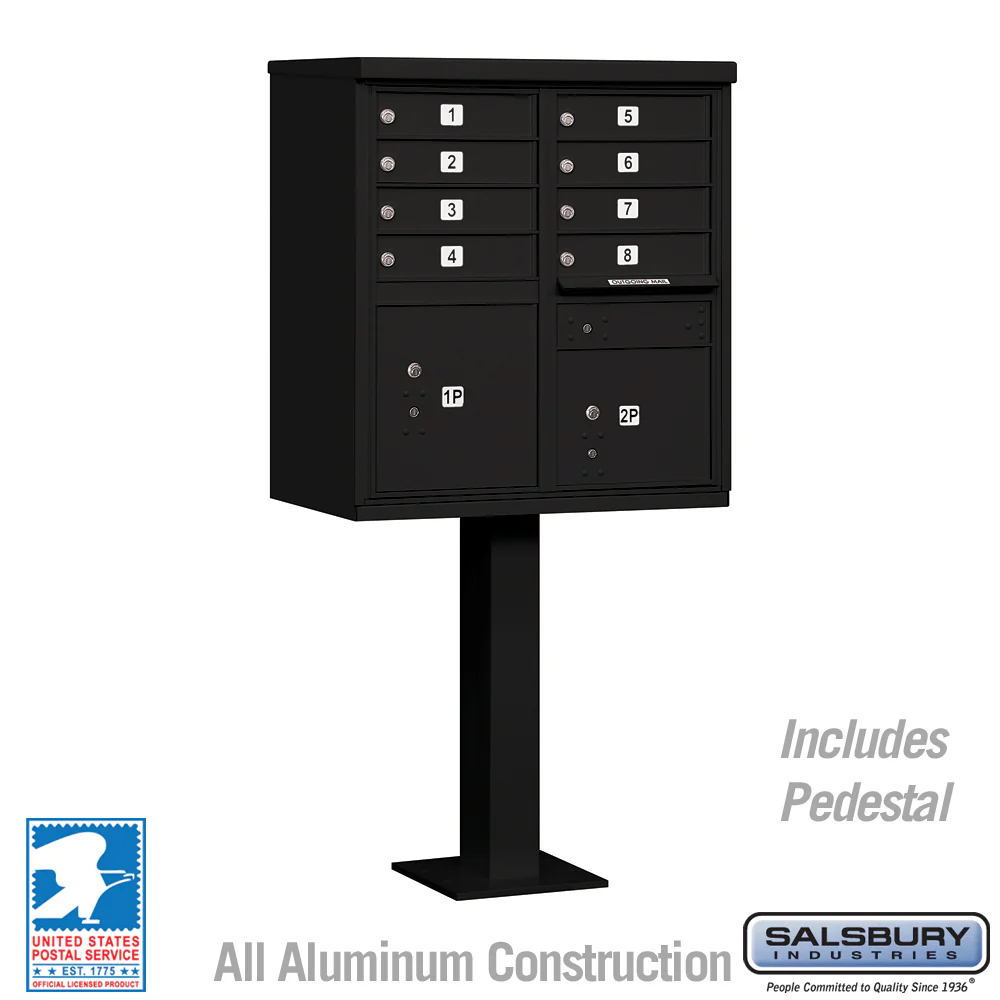 Salsbury Industries Cluster Box Unit, 8 Doors with 2 Parcel Lockers, Black, USPS Access