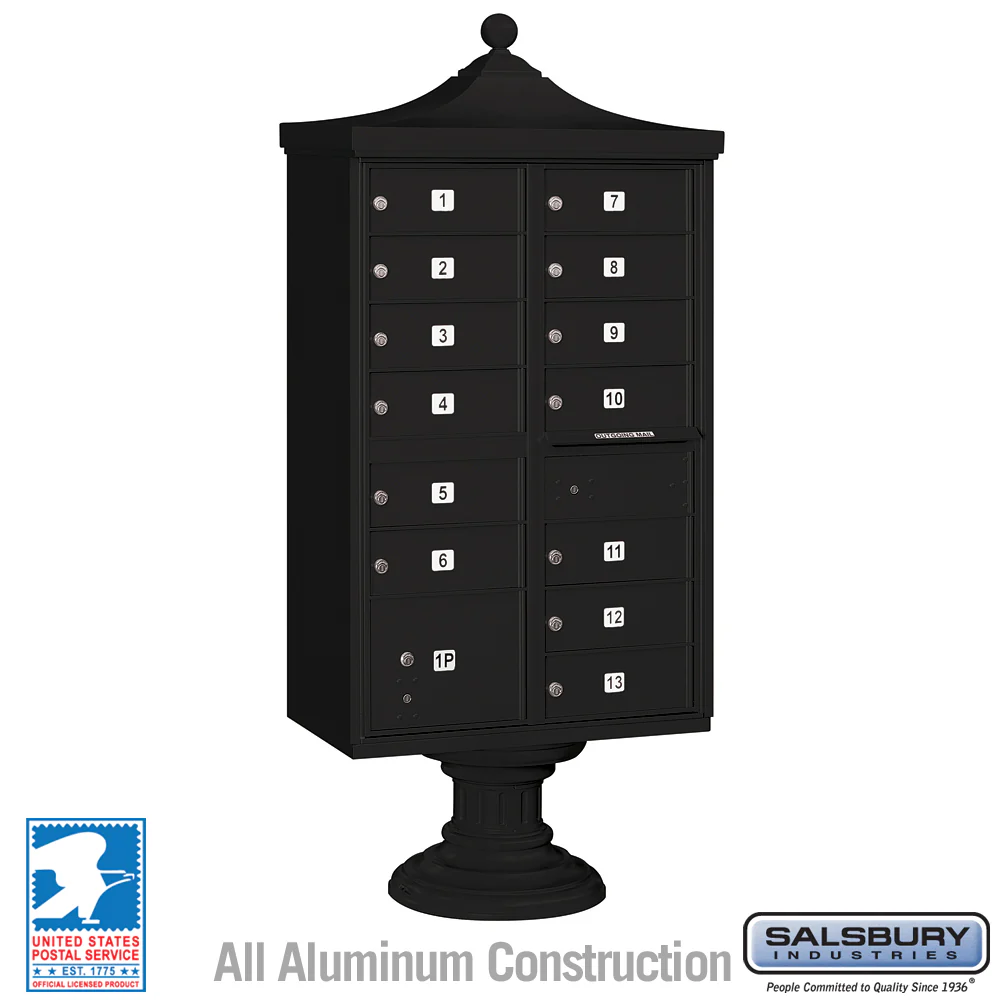 Salsbury Industries Regency Decorative Cluster Box Unit, 13 Doors with Parcel Locker, Black, USPS Access
